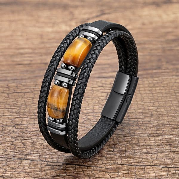 Tiger Eye Men's Multi layer Leather Rope Bracelet Magnetic Buckle Non fading Hand Jewelry