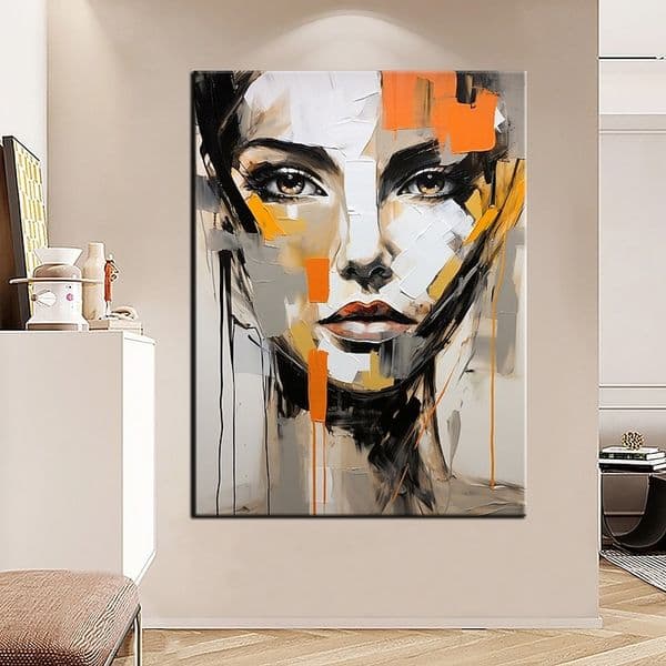 100% Large Hand Painted Wall Art Figure Abstract Textured Painting Woman Painting Orange Texture Painting Woman Home Decoration Woman Face, Portrait