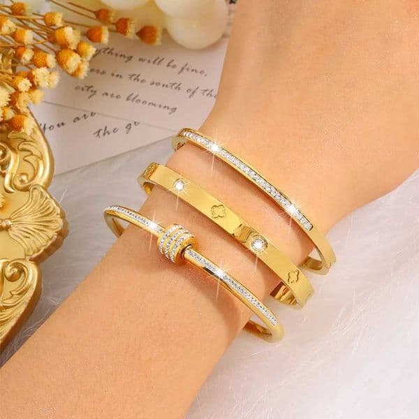 3pcs Gypsophila Diamond-Encrusted Stainless Steel Simple And Versatile Bracelet For Daily MatchingW251121