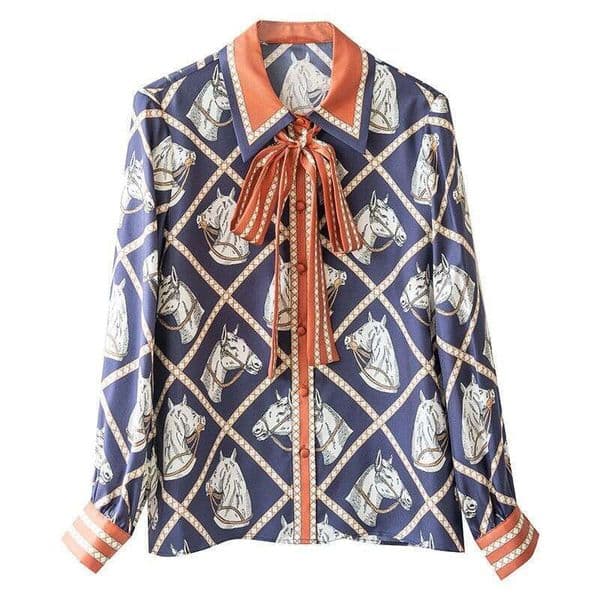 Turn-down Collar Horse Print Ribbon Twill Imitation Silk Shirt for Women