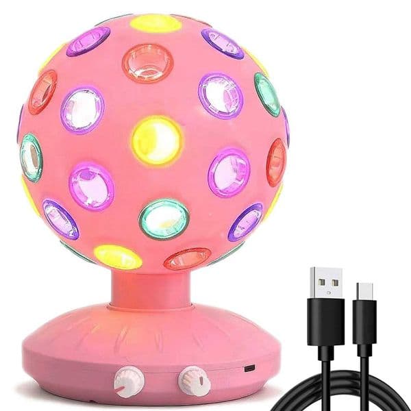 Pink Spinning Disco Ball Ambient Lighting 360 Rotary Speed /Brightness Adjustable Lamp USB /3 Pcs AA Battery OperationW251122