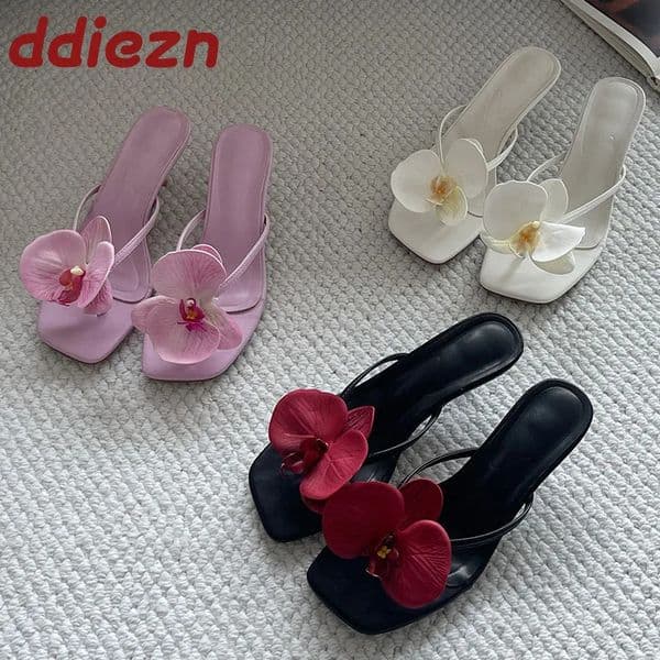 Slip On Pumps Ladies Medium Heels Shoes Fashion Flower Women Thin Heels Slides Shoes Female Flip flops Footwear Big Size 43 250422