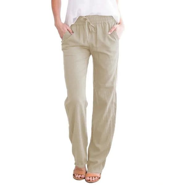 Women Cotton Linen Drawstring Pants Elastic Waist Casual Solid Color Trousers Baggy Loose Straight Leg Breathable Sweatpants 250421