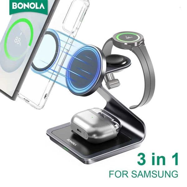 Bonola 3 in 1 Wireless Charger Metal Stand for S25 tra/S24/S23 15W Fast Wireless Charging for Galaxy Watch 7/Buds Pro Y251122