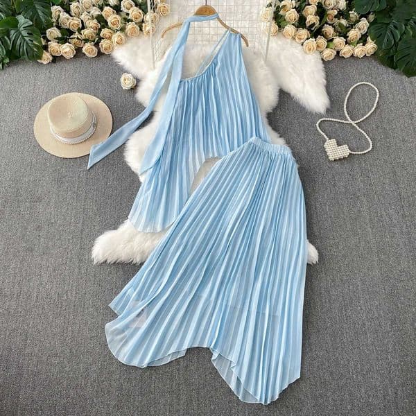 Elegant ruffled silk screen chiffon A-line beach vacation vest ultra-thin womens evening dress party two-piece summer outfitXJ250421