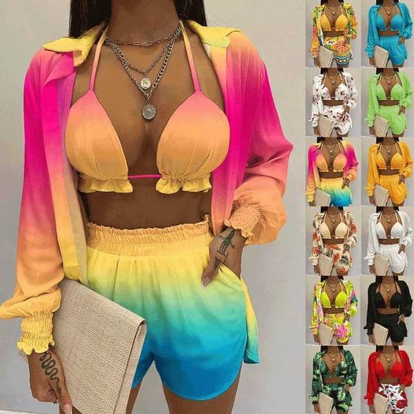 3-piece womens Stes 2024 new sexy floral leaf printed camisole shirt+shorts three piece set womens clothing GH9068XJ250421
