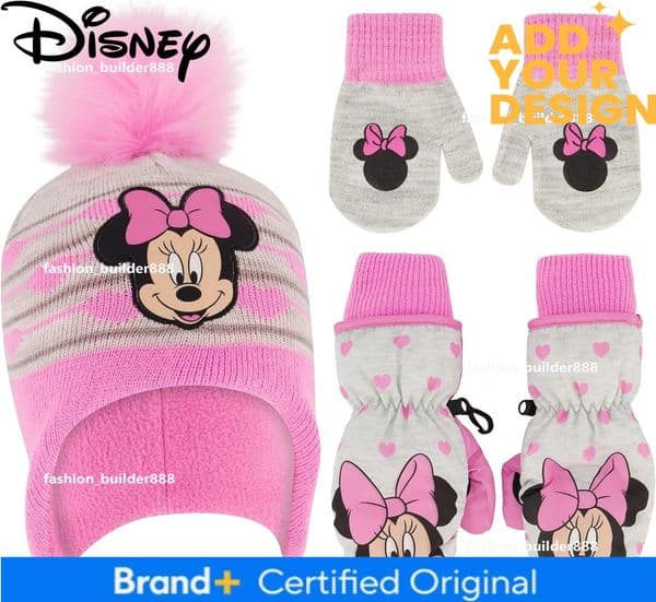Custom Girls Toddler Winter Hat with Knit and Insulated Ski Mitten Set, Minnie Mouse For Ages 2-4