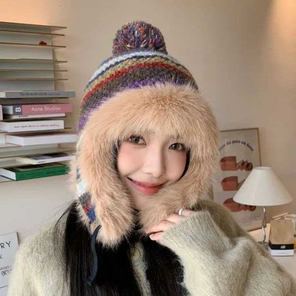 2025 new rainbow knitted hat childrens winter velvet thickened warm ear protection cold cycling Lei Feng hatXJ251122
