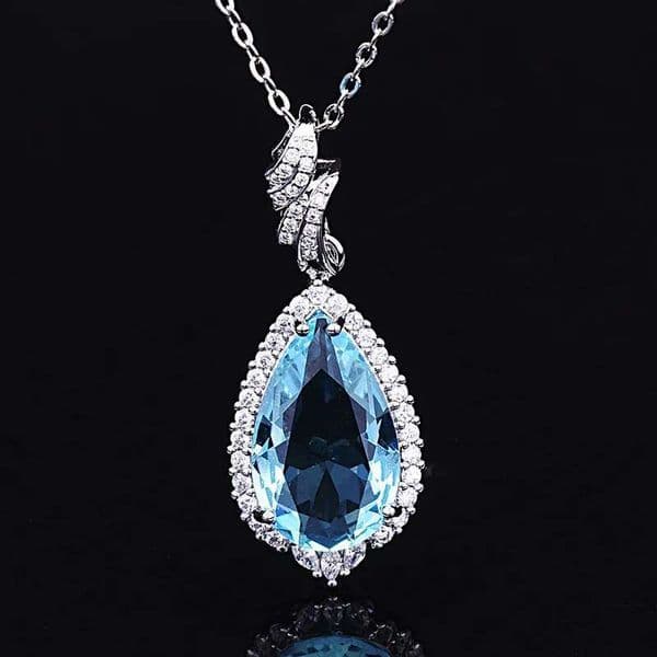 European and American synthetic water droplets Santa Maria Aquamarine topaz pendant necklace white gold micro-dia wholes