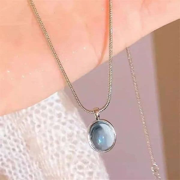 Simple Retro Oval Aquamarine Pendant For Women Girls Snake Chain Necklace Fashion Temperament Jewelry Gifts