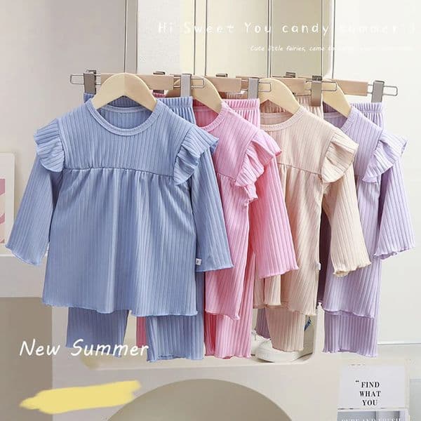 Girls sleepwear set childrens comfortable pleated casual top and pants 2piece summer autumn suitable for AC rooms 250422