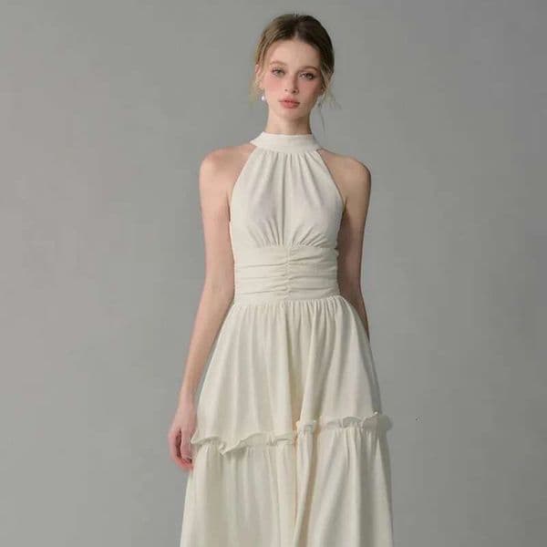 French Retro Hanging Neck Long Skirt For Women's Summer New Design Sense, Pleated Waist Cinching Dress Womens designer clothing