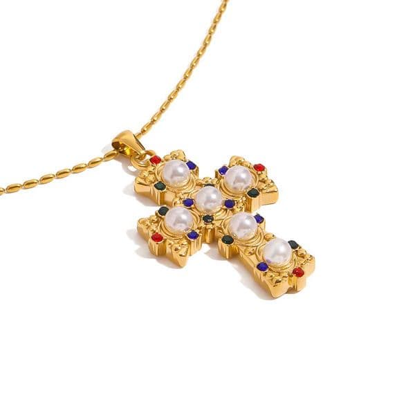 Youthway newly designed gold-plated stainless steel imitation pearl colored zircon cross pendant necklace waterproof neutral jewelry Y250422