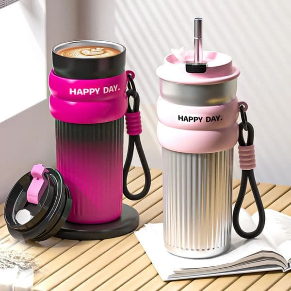 500ML coffee cup with straw stainless steel rope water bottle suitable for girls vacuum flame travel gift 250422BJ