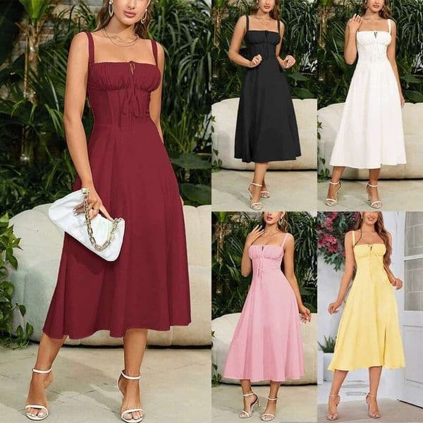 Plus Size Dresses Summer Dress Womens Dress Vestidos Elegantes 2025 Summer New Thin Waist Fishbone Shaped Split Drawstring Bag Chest Strap Dress