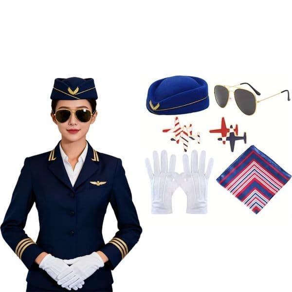 Four sets of flight attendant role-playing accessories, including hats, scarves, gloves and other clothing accessories for female flight attendants
