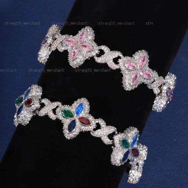 2025 New Arrival Hip Hop Pink White ColorfulClover Bracelet Necklace Iced Out Flower 5A Moissanite necklace VVS Cuban Chain for Men Z260313