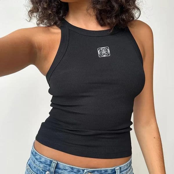 Harajuku Y2k Clothes Vintage Sleeveless Tank Top Summer Pattern Embroidery Personality Crop Top Sleeveless Slim Streetwear 250423