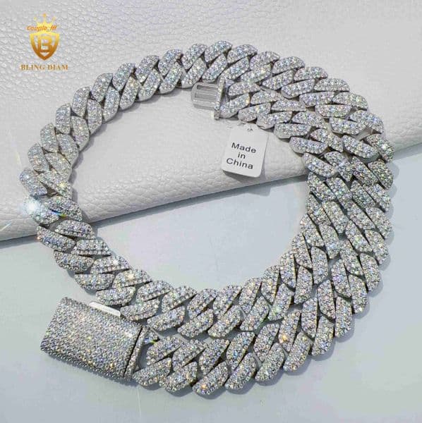 High Quality Custom Hip Hop Jewelry 15mm Iced Out Heavy Cuban Link Chain VVS Moissanite 925 Sterling Silver Hiphop Chain