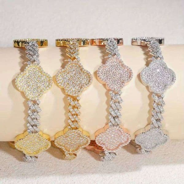 Men's Hip-Hop Gold-Plated Pearl VVS Moissanite Diamond Lucky Iced Four-Leaf Clover Cuban Bracelet 00