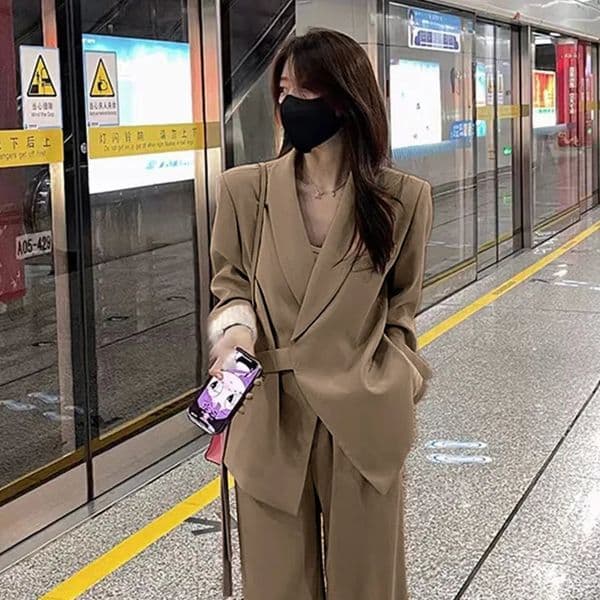 Spring 2024 Women Suit Jacket High Waist Wide Leg Long Pants Solid TwoPiece Set and Autumn womens suit set 251110