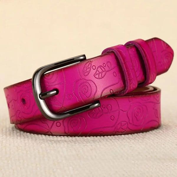 Fashion Flower Pattern Rose Red Genuine Leather Womens Belt Womens Pin Buckle Metal Belt 28mm Width 250422