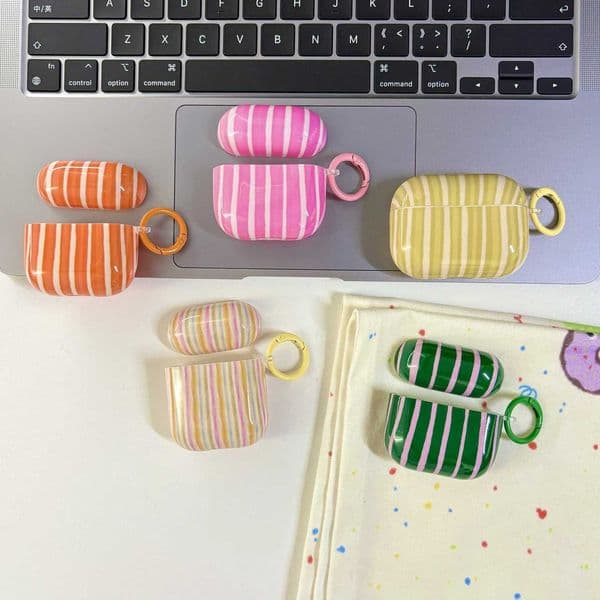 Simple Fashion Five-Color Pink Orange Green Yellow Stripe Lines Pattern Protective Earphone Case for AirPods 1 2 3 4 Pro 2 Pro 3W251124