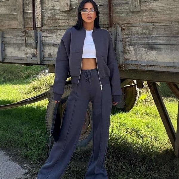 European And Casual American Autumn Winter Cardigan Sports Women's Fashion Street Style Sleeve Jacket Long Pants Two-Piece Set