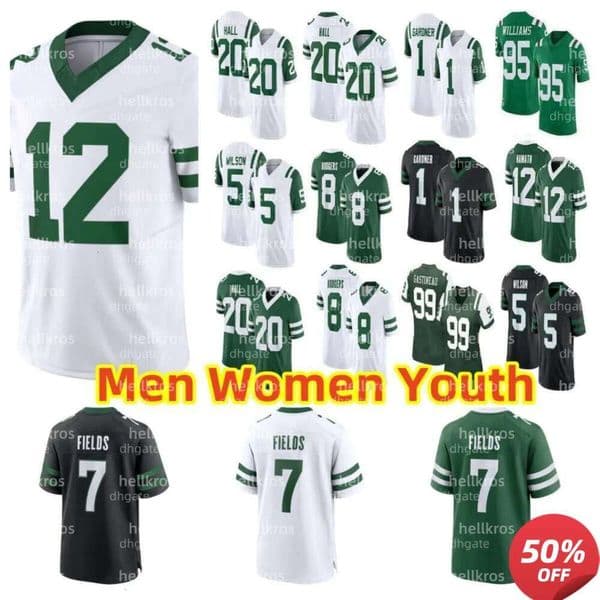Youth kids Justin Fields 8 Aaron Rodgers 5 Garrett Wilson Football jersey Ahmad Sauce Gardner Breece Hall Quincy Mike Quinnen Williams Joe Namath Will McDonald IV