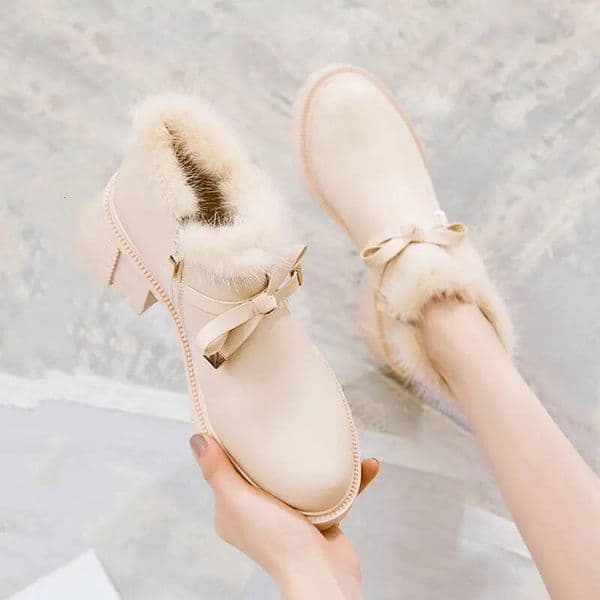 Ddmysports Leather Plush Round Toe Bow High Heels Snow Boots For Women New Rock Padded Ankle Goth Autumn Winter Novelty In Woman Shoes Outdoor Shoes