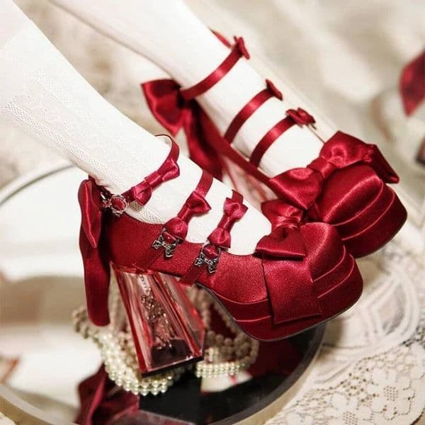 Ddmysports Fashion Mary Jane Super High With Transparent Crystal Heel Burgundy Leather Loafers Platform Sole Bow Shoes Women Outdoor Shoes