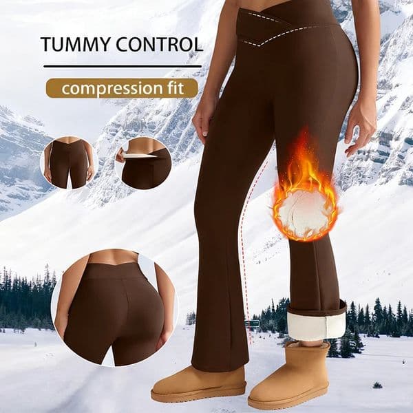Womens Fleece-Lined Flare Pant Cross-Waist n Thickened Winter Warm High-Waisted Tummy Control Lifting Leggings Casual Wear 251124
