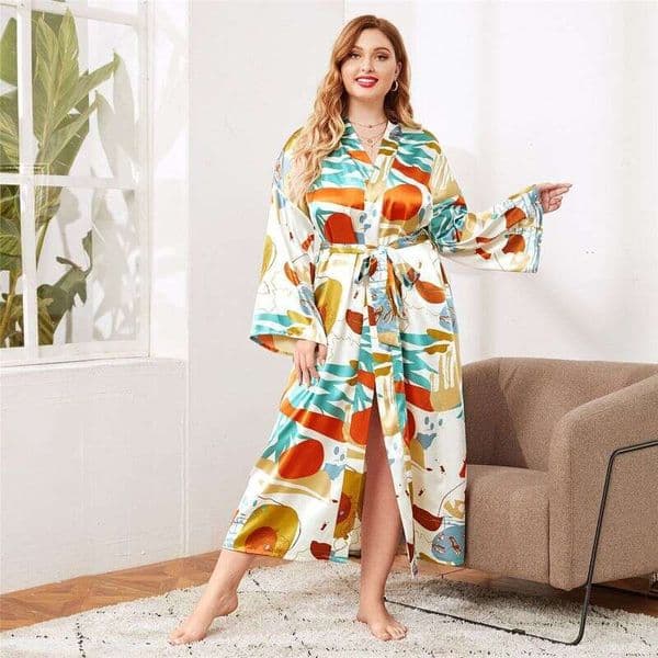Sleepwear Nightshirt Bath Robe Large Size Women S Nightgown Long Sleeve Satin Print Independent Station Loungewear Bathrobe Pajamas Women