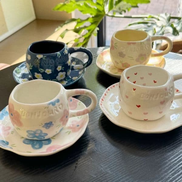 220ML Cute Hand Pinched Irregular Ceramic Mug Saucers Rural Style Pattern Coffee Cup Breakfast Milk Tea Cups Drinkware Kitchen 250424