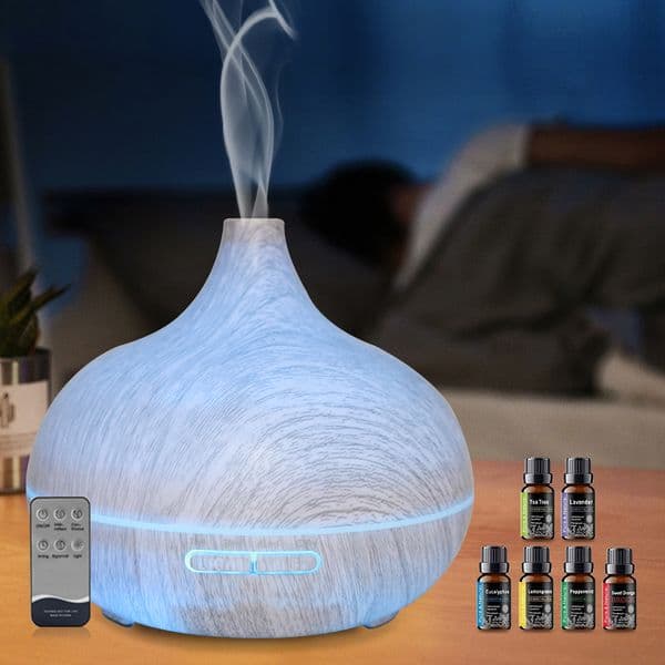 Wood Grain Aromatherapy Diffuser 550ml Ultrasonic Humidifier, Remote Control 6 Luxury Oils Silent Operation for Relaxation