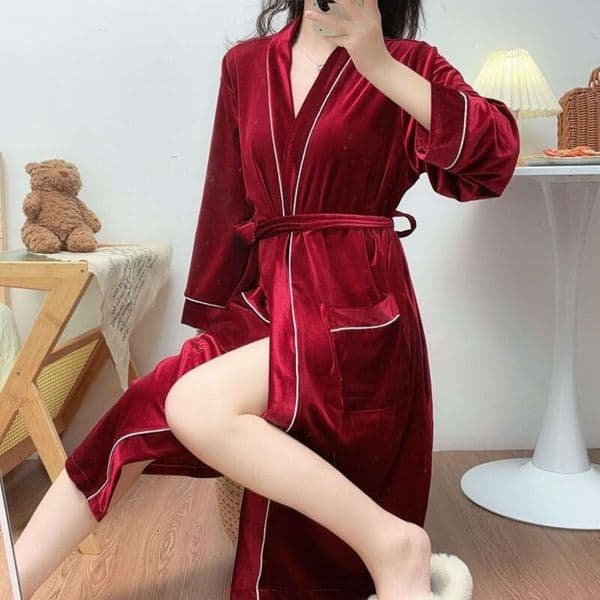 Sleepwear Nightshirt Bath Robe Autumn And Winter Pajamas Thermal Lace Up Long Belt Nightgown Bathrobe
