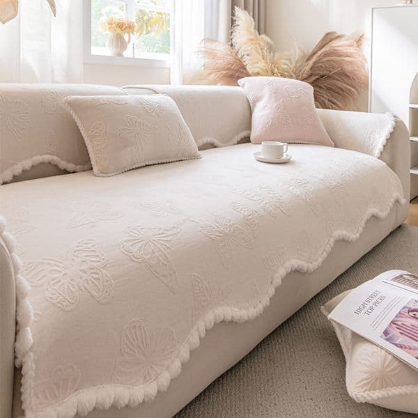 French Cream-Style Milk Velvet Sofa Cushion Autumn/Winter Thickened Warm Plush Butterfly Seat Cushion 2025 Anti-Slip Cover Throw
