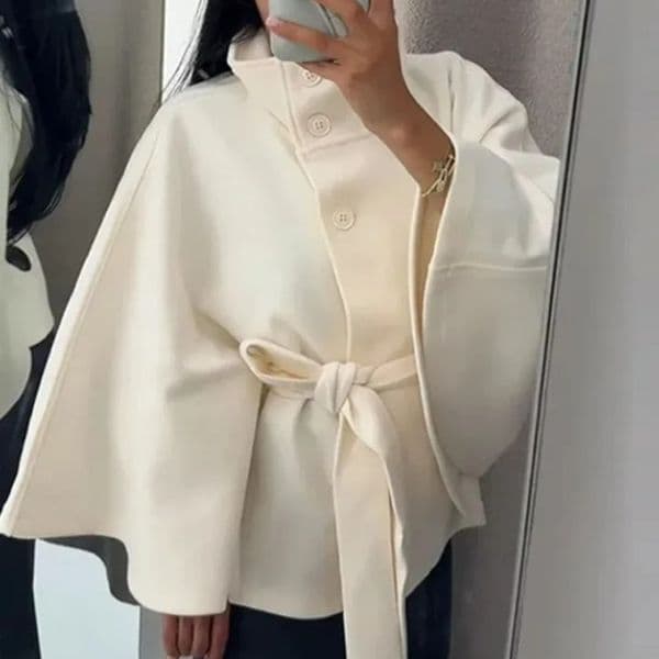 Elegant Womens Cape Belt Woolen Coats Loose Stand Collar Singlebreasted Batwing Sleeve Jacket cLady Chic Outwear