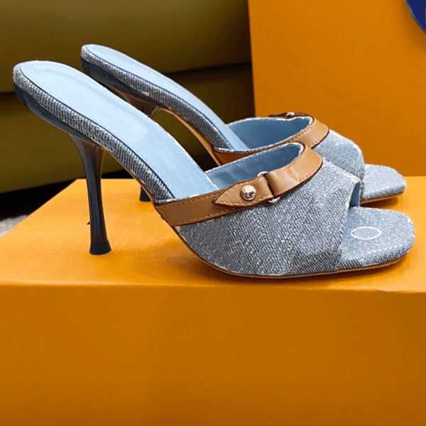 denim slippers jacquard weave slides Mule sandals heels slip on stiletto heeled open toe shoes womens luxury designer leather evening shoe 10cm factory footwear 5cm