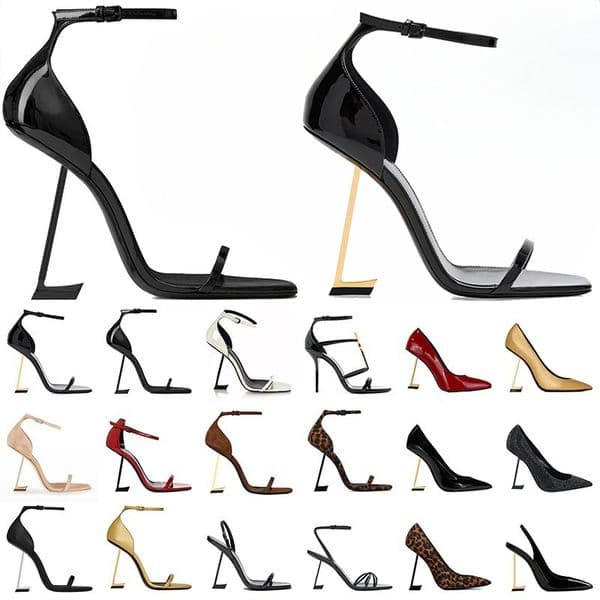 Designer Sandals Women Sandal Heels Metal Letters Sandal Leather Dress Shoes Black Bright Bandage Wrap Heel Shoe