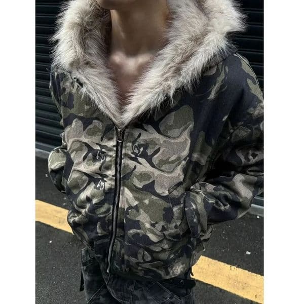 Winter Coat 2025 Warm Loose Fleece Jacket Trendy Mens Youth Trend Camouflage Fur Collar Hooded Anti Cold Thick 251125