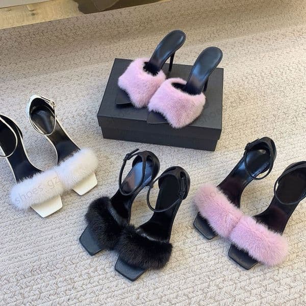 Top quality luxury fur embellished stiletto sandals Mule slippers Ankle Strap Bridal Wedding Dress Shoes women's Fashion high heeled Evening Party shoes with box