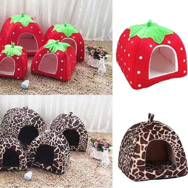Soft Strawberry Leopard Dog Cat House Tent Kennel Doggy Winter Warm Cushion Basket Animal Bed Cave Pet SuppliesXJ251125