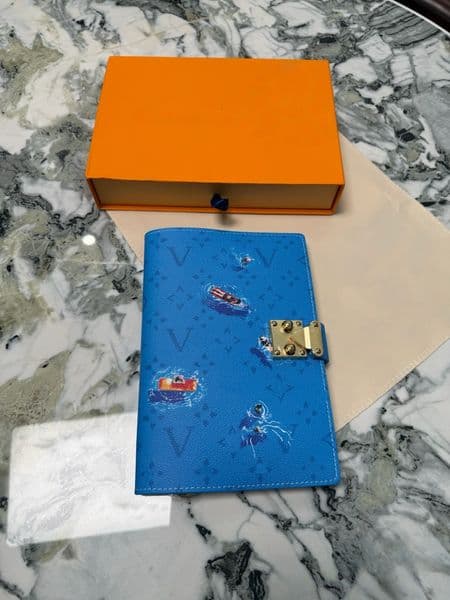 designer L letter logo swim sports painted pattern Blue leather notebook ballpoint pen set Luxury Fashion office Notepads with lock Box birthday Teachers Day gift