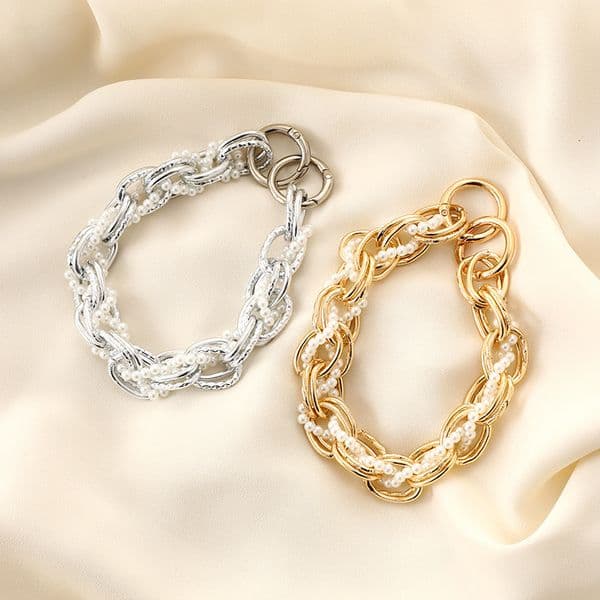 Cross-Border New DIY Jewelry Accessories Pearl Double Buckle Hand Phone Case Keychain Lanyard Metal Chain for Women
