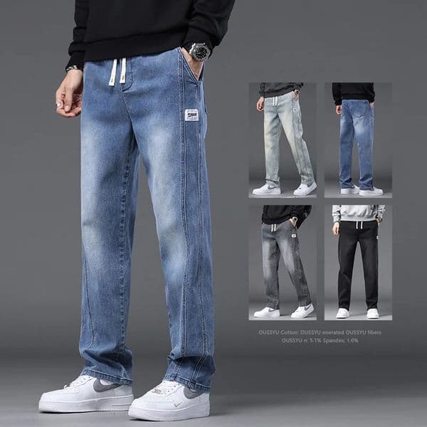 Autumn Winter Blue Jeans Men Drawstring Elastic Waist Cotton Cargo Denim Pants Work Fashion Thick Trousers Male Plus Size M4XL 251124