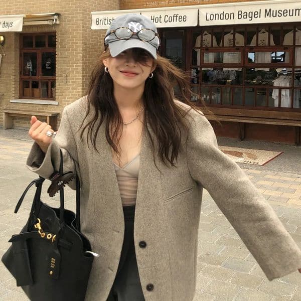 Spring Autumn Womens Wool Blazer Coat Jacket Deep V Neck Single Breasted Woolen Overcoat Female Elegant Outerwears 2025 251124BANJIA
