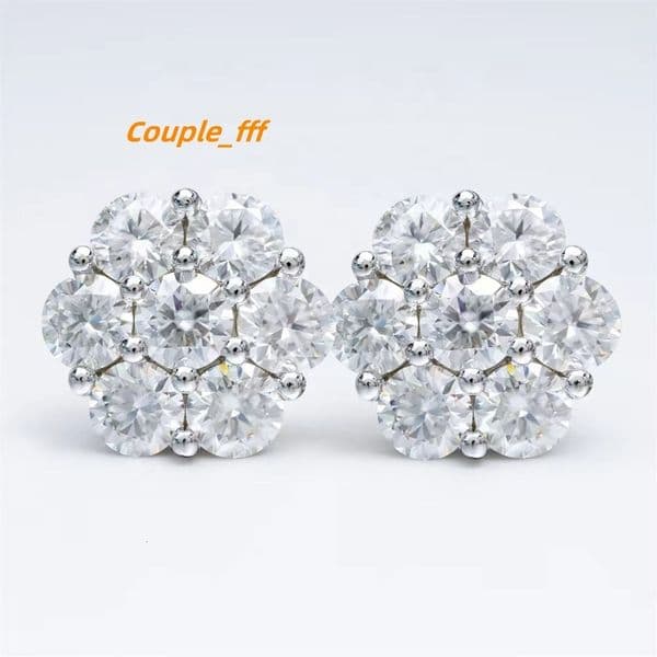 Cluster Flower Design Unisex Moissanite Earrings Men Hiphop 925 Sterling Silver Moissanite Stud Earrings Women