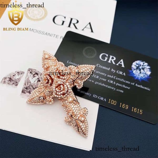 In Stock Fashion Hip-Hop Jewelry Rose Flower Cross Pendant Necklace VVS Moissanite 925 Sterling Silver