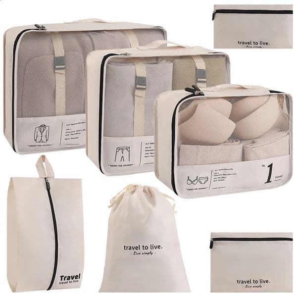 7-piece/set travel storage bag waterproof large capacity luggage clothing classification storage bag black/white/beige 250418